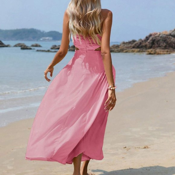 Pink Boho Womens Cut Out Waist Ruched Tube Dress - Picture 2 of 5